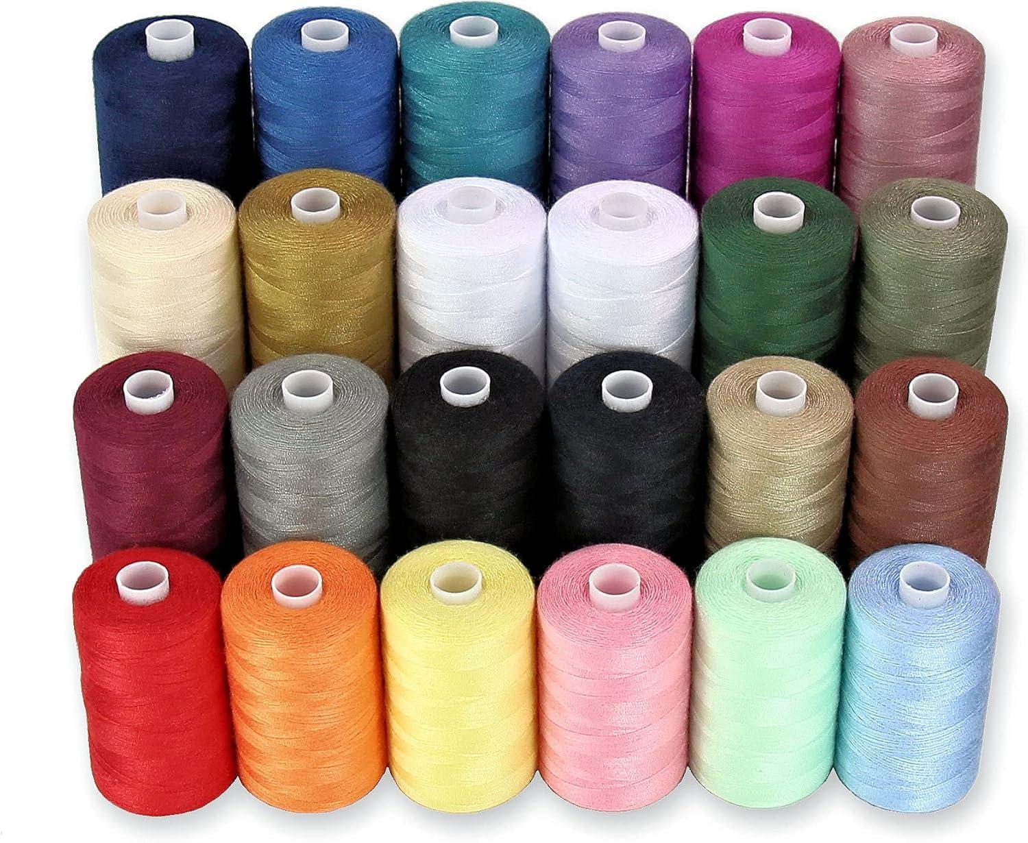 Rows of sewing thread spools in an assortment of colours